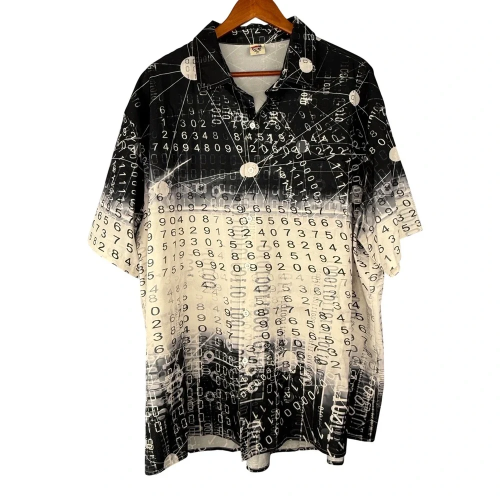 Y2K Math Button Down Shirt 3XL Digital Matrix Binary Code Print Short Sleeve
